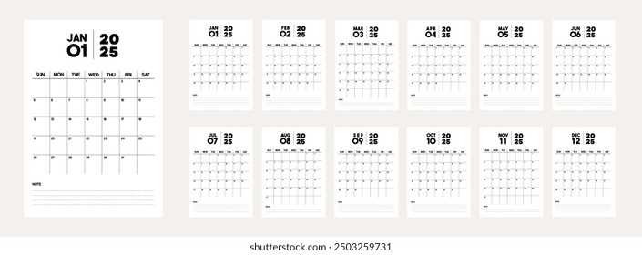 Monthly calendar template for 2025. Printable calendar in a minimalist style. Week Starts on Sunday.