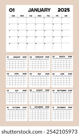 Monthly calendar template for 2025. Printable 2025 calendar with landscape format and minimalist style. Week Starts on Sunday.