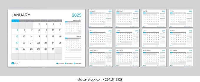 Monthly calendar template for 2025 year, Planner 2025 year, Week Starts on Sunday. Wall calendar in a minimalist style, desk calendar 2025 template, New Year Calendar Design, Business template Vector