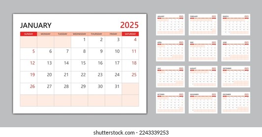 Monthly calendar template for 2025 year red concept, desk calendar 2025 template, Week Starts on sunday, wall calendar 2025 year, planner minimal design, Set of 12 Months, organizer stationery 