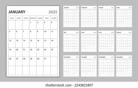 Monthly calendar template for 2025 year, planner 2025 template, Week Starts on sunday, wall calendar 2025 year, planner minimal design, Set of 12 Months, organizer stationery, vertical calendar vector