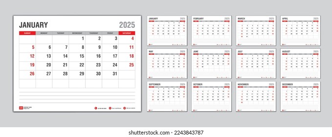 Monthly calendar template for 2025 year, Week Starts on sunday, Planner 2025 year, Wall calendar in a minimalist style, desk calendar 2025 template, New Year Calendar Design, Business template Vector
