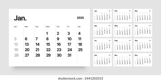 Monthly calendar template for 2025 year. Wall calendar in a minimalist style. Week Starts on Sunday. 