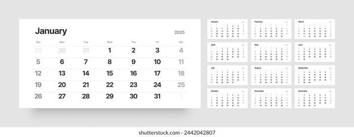 Monthly calendar template for 2025 year. Wall calendar in a minimalist style. Week Starts on Sunday. 