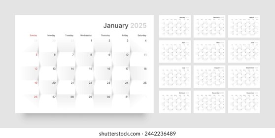 Monthly calendar template for 2025 year. Wall calendar in a minimalist style. Week Starts on Sunday. 