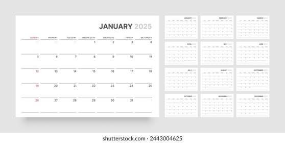 Monthly calendar template for 2025 year. Wall calendar in a minimalist style. Week Starts on Sunday. 