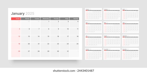 Monthly calendar template for 2025 year. Wall calendar in a minimalist style. Week Starts on Sunday. 