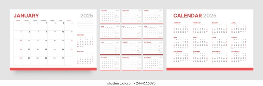 Monthly calendar template for 2025 year. Wall calendar in a minimalist style. Week Starts on Sunday. 