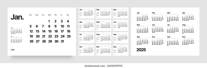 Monthly calendar template for 2025 year. Wall calendar in a minimalist style. Week Starts on Sunday. 