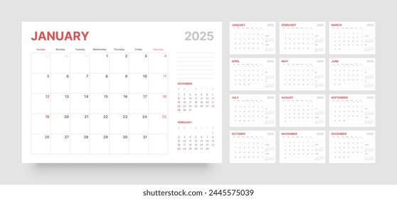 Monthly calendar template for 2025 year. Wall or desk calendar in a minimalist style. Diary planner for 2025 year. Week Starts on Sunday. 