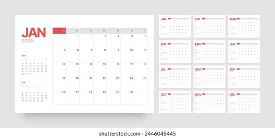 Monthly calendar template for 2025 year. Wall or desk calendar in a minimalist style. Diary planner for 2025 year. Week Starts on Sunday. 