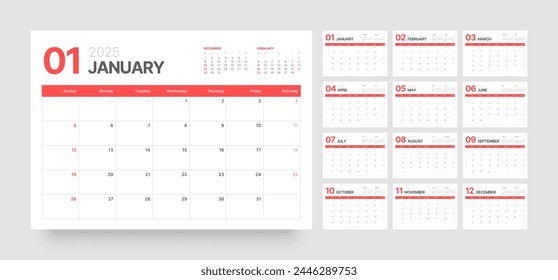 Plantilla de calendario mensual para el año 2025. Calendario de pared o escritorio en un estilo minimalista. Planificador diario para el año 2025. La semana comienza el domingo. 