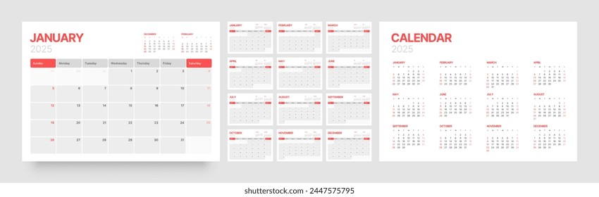 Monthly calendar template for 2025 year. Wall or desk calendar in a minimalist style. Diary planner for 2025 year. Week Starts on Sunday. 