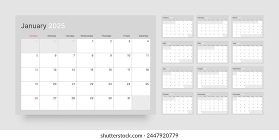 Monthly calendar template for 2025 year. Wall or desk calendar in a minimalist style. Diary planner for 2025 year. Week Starts on Sunday. 