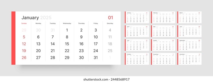 Plantilla de calendario mensual para el año 2025. Calendario trimestral en un estilo minimalista. La semana comienza el domingo. 