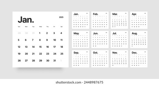 Monthly calendar template for 2025 year. Wall calendar in a minimalist style. Week Starts on Sunday. 