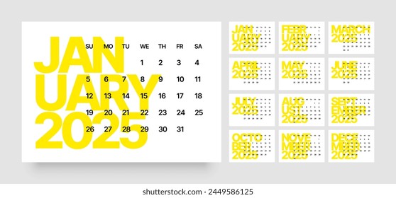 Monthly calendar template for 2025 year. Wall calendar in a minimalist style. Week Starts on Sunday. 
