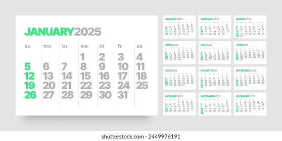 Monthly calendar template for 2025 year. Wall calendar in a minimalist style. Week Starts on Sunday. 