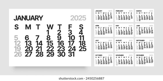 Monthly calendar template for 2025 year. Wall calendar in a minimalist style. Week Starts on Sunday. 