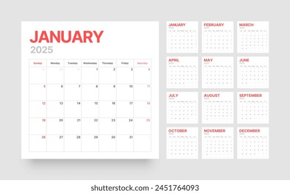 Monthly calendar template for 2025 year. Desk calendar in a minimalist style. Week Starts on Sunday. 