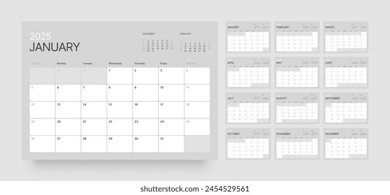 Monthly calendar template for 2025 year. Wall or desk calendar in a minimalist style. Diary planner for 2025 year. Week Starts on Sunday. 