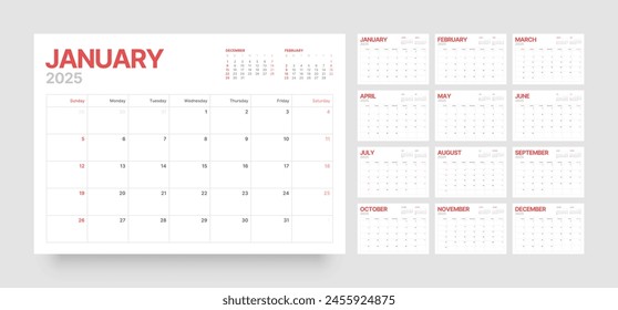 Monthly calendar template for 2025 year. Wall or desk calendar in a minimalist style. Diary planner for 2025 year. Week Starts on Sunday. 