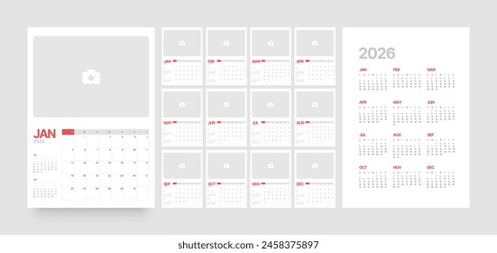 Monthly calendar template for 2025 year. Wall or desk calendar in a minimalist style. With a place for photos. Diary planner for 2025 year. Week Starts on Sunday. 