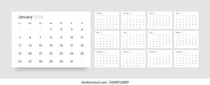 Monthly calendar template for 2025 year. Wall or desk calendar in a minimalist style. Diary planner for 2025 year. Week Starts on Sunday. 