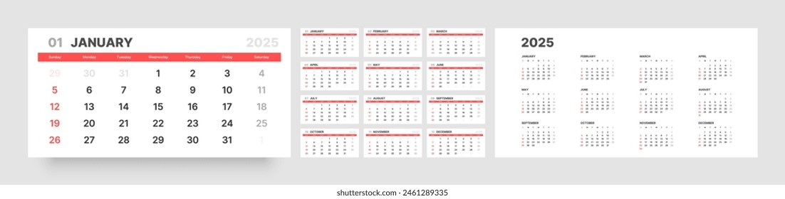 Monthly calendar template for 2025 year. Quarterly calendar in a minimalist style. Week Starts on Sunday. 