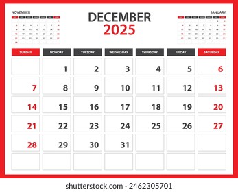 Monthly calendar template for 2025 year - December 2025 year, Week Starts on Sunday, Desk calendar 2025 design, Wall calendar, planner design, stationery, printing media, red background, vector