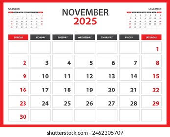 Monthly calendar template for 2025 year - November 2025 year, Week Starts on Sunday, Desk calendar 2025 design, Wall calendar, planner design, stationery, printing media, red background, vector