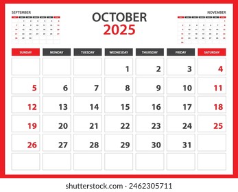 Monthly calendar template for 2025 year - October 2025  year, Week Starts on Sunday, Desk calendar 2025 design, Wall calendar, planner design, stationery, printing media, red background, vector