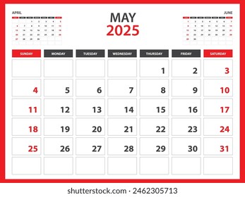 Monthly calendar template for 2025 year - May 2025  year, Week Starts on Sunday, Desk calendar 2025 design, Wall calendar, planner design, stationery, printing media, red background, vector