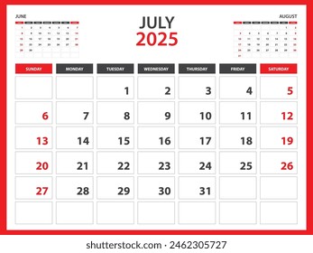 Monthly calendar template for 2025 year - July 2025  year, Week Starts on Sunday, Desk calendar 2025 design, Wall calendar, planner design, stationery, printing media, red background, vector
