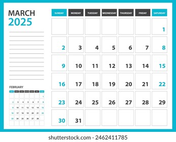 Monthly calendar template for 2025 year - March 2025  year, Week Starts on Sunday, Desk calendar 2025 design, Wall calendar, planner design, stationery, printing media, Blue background, vector