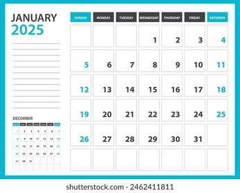 Monthly calendar template for 2025 year - January 2025  year, Week Starts on Sunday, Desk calendar 2025 design, Wall calendar, planner design, stationery, printing media, Blue background, vector