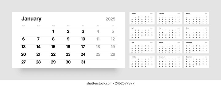 Monatliche Kalenderjahr-Vorlage für 2025. Quartalskalender in einem minimalistischen Stil. Die Woche beginnt am Montag. 