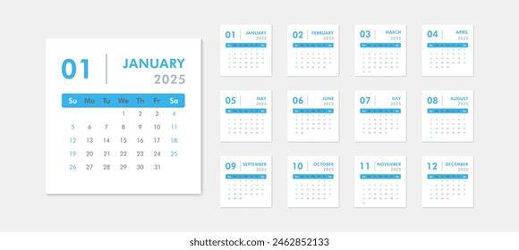 Monthly calendar template for 2025 year. Week starts on Sunday. Desk  or wall calendar in minimal style