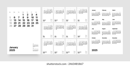 Monthly calendar template for 2025 year. Wall or desk calendar in a minimalist style. Diary planner for 2025 year. Week Starts on Sunday. 