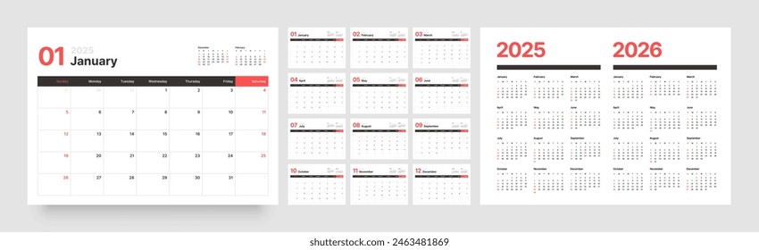 Monthly calendar template for 2025 year. Wall or desk calendar in a minimalist style. Diary planner for 2025 year. Week Starts on Sunday. 