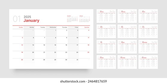 Monthly calendar template for 2025 year. Wall or desk calendar in a minimalist style. Diary planner for 2025 year. Week Starts on Sunday. 