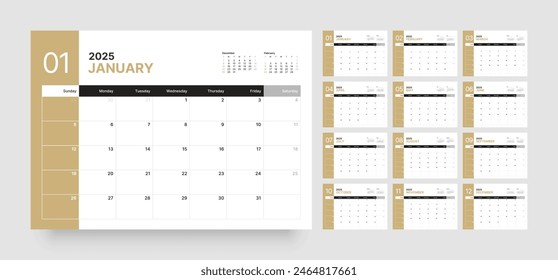 Monthly calendar template for 2025 year. Wall or desk calendar in a minimalist style. Diary planner for 2025 year. Week Starts on Sunday. 