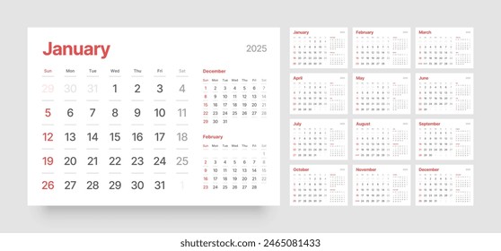 Monthly calendar template for 2025 year. Wall calendar in a minimalist style. Week Starts on Sunday. 