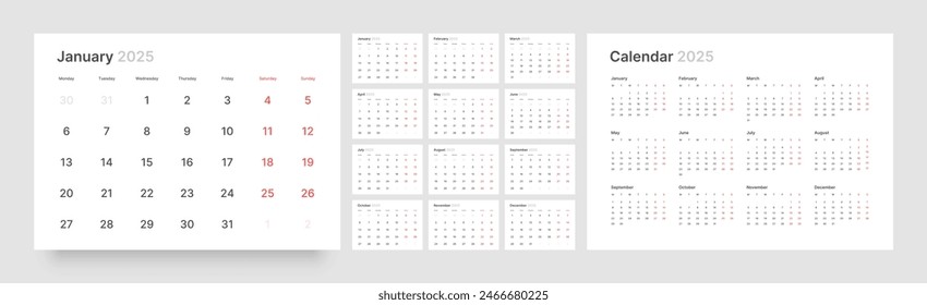 Monthly calendar template for 2025 year. Wall calendar in a minimalist style. Week Starts on Monday. 