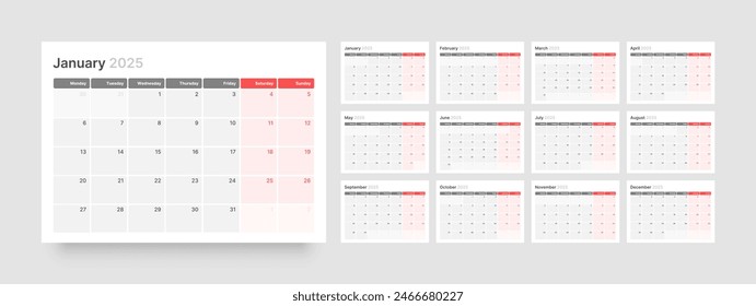 Monthly calendar template for 2025 year. Diary planner in a minimalist style. Week Starts on Monday. 