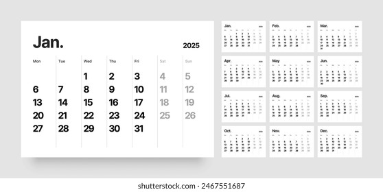 Monatliche Kalenderjahr-Vorlage für 2025. Wandkalender im minimalistischen Stil. Die Woche beginnt am Montag. 