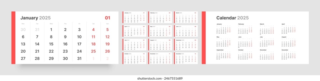 Monthly calendar template for 2025 year. Quarterly calendar in a minimalist style. Week Starts on Monday. 