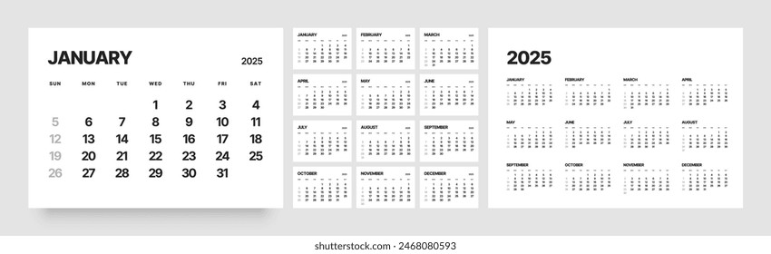 Monthly calendar template for 2025 year. Wall calendar in a minimalist style. Week Starts on Sunday. 