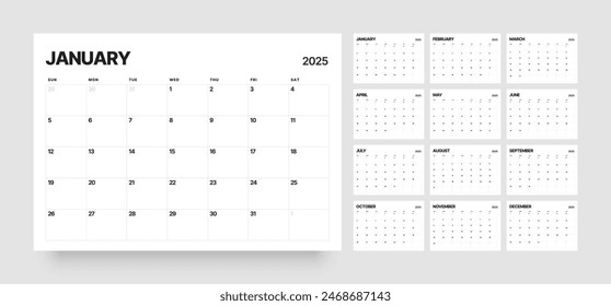 Monthly calendar template for 2025 year. Diary planner for 2025 year. Week Starts on Sunday. 