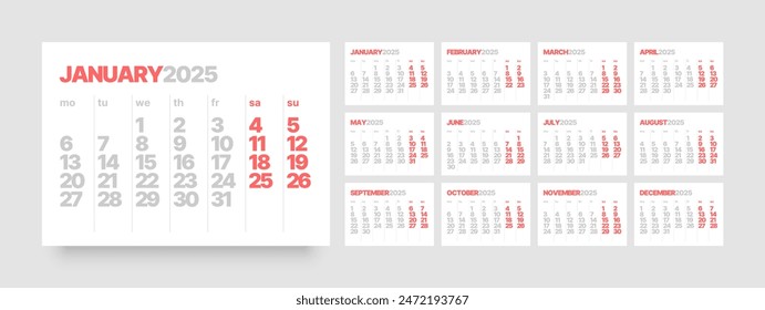 Monthly calendar template for 2025 year. Wall calendar in a minimalist style. Week Starts on Monday. 